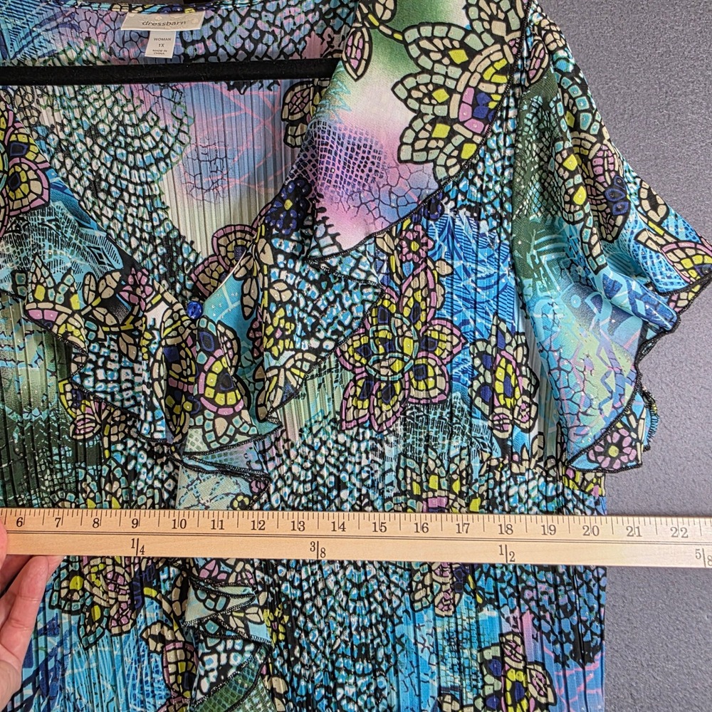 Dressbarn Woman Blue Floral Stained Glass Print Plissé Ruffle Blouse 1X - Picture 6 of 7